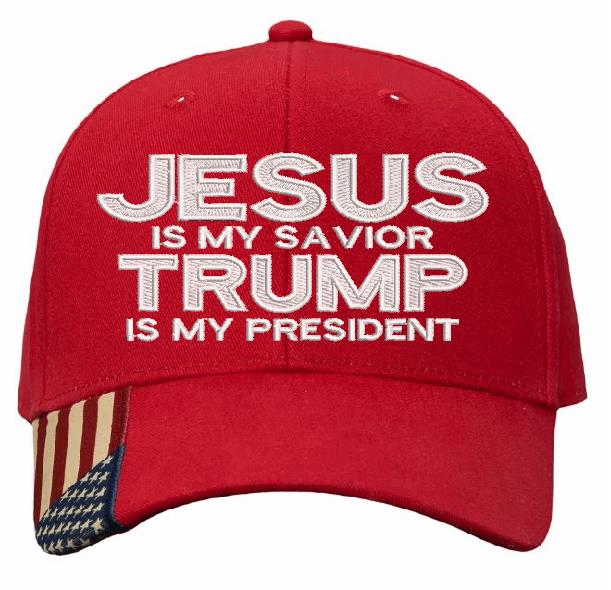 Jesus is my savior Trump is my President Red Flag Brim Embroidered Adjustable hat Trump Hat Trump Supporter USA Flag Brim Hat