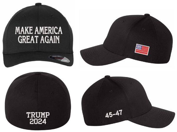 Make America Great Again Hat with Flag 45-47 and Trump 2024 Back Flex Fit Hat