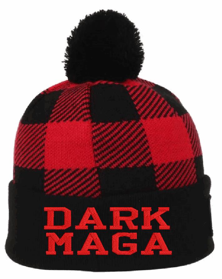 Dark MAGA Winter Hat - Red Checker Winter hat with Pom Pom RED Embroidered Trump 2024 Cuff Hat