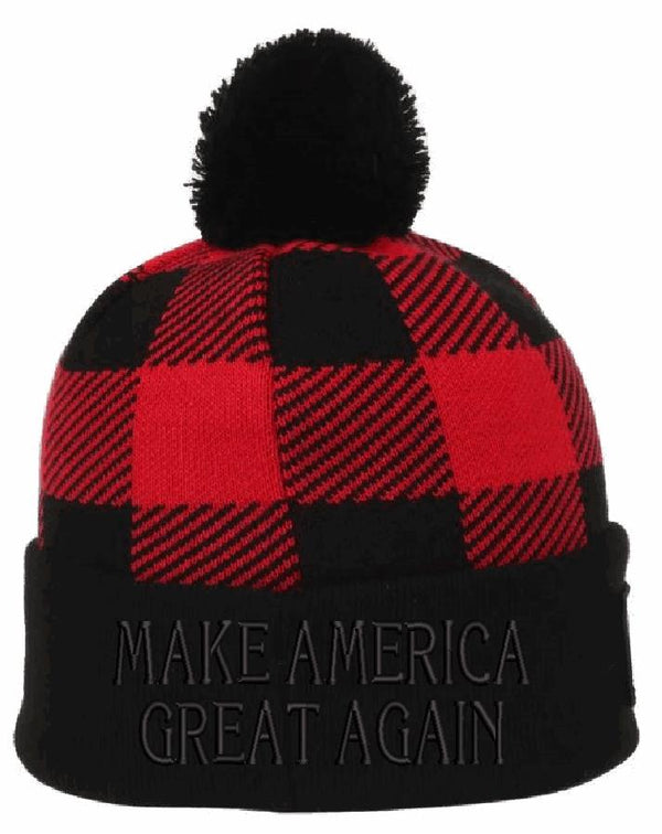 Make America Great Red Checker Winter hat with Pom Pom BLACK Embroidered Trump 2024 Cuff Hat