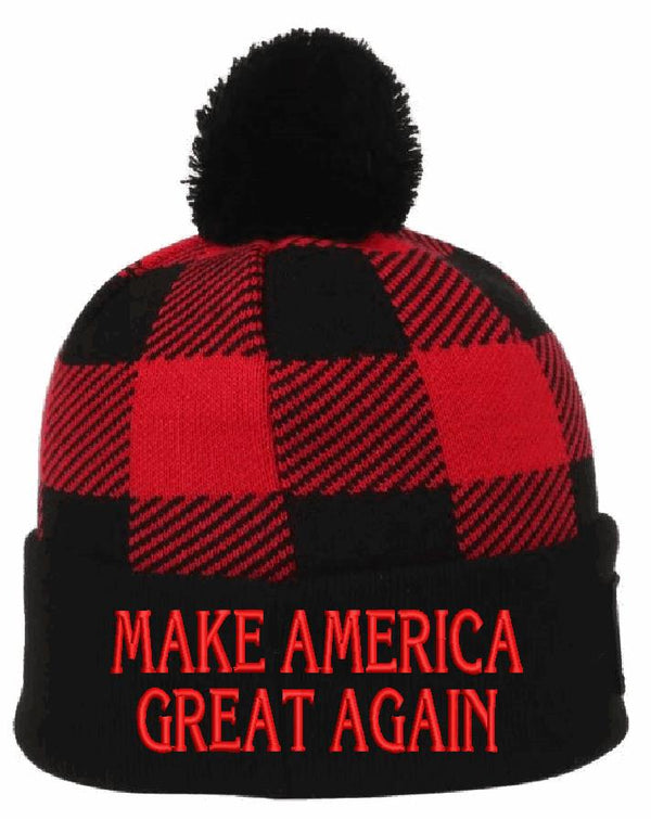 Make America Great Red Checker Winter hat with Pom Pom RED Embroidered Trump 2024 Cuff Hat