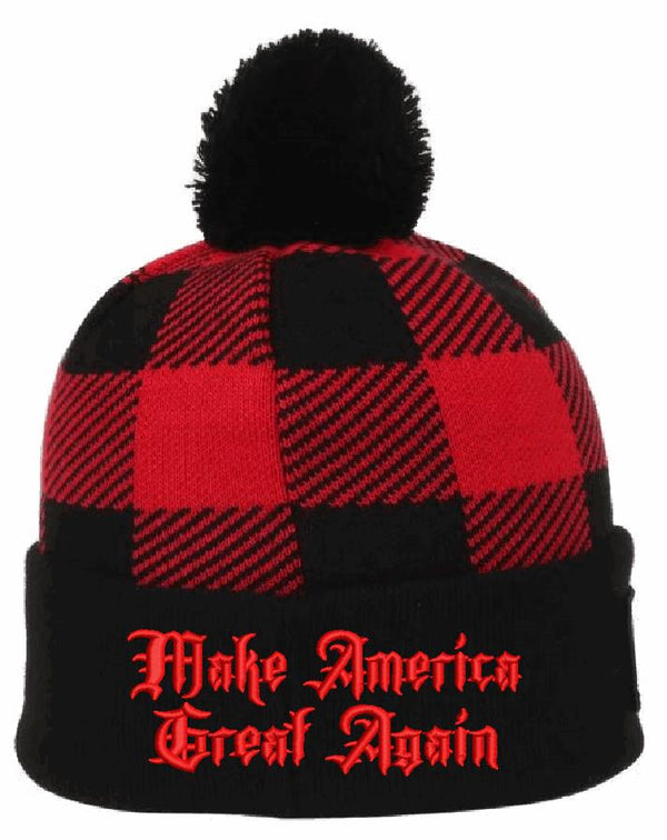 Trump 2024 Winter Hat Gothic MAGA Checker Winter hat with Pom Pom Embroidered Trump 2024 Cuff Hat