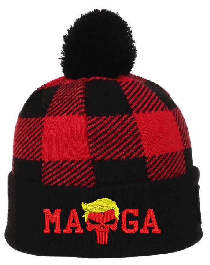 Trump 2024 Winter Hat Maga Skull Red Checker Winter hat with Pom Pom Embroidered Trump 2024 Cuff Hat