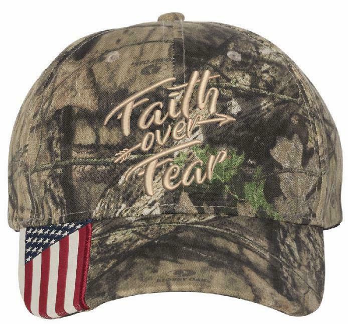 Faith Over Fear Embroidered Kryptek Style Adjustable Hat with USA Flag Brim