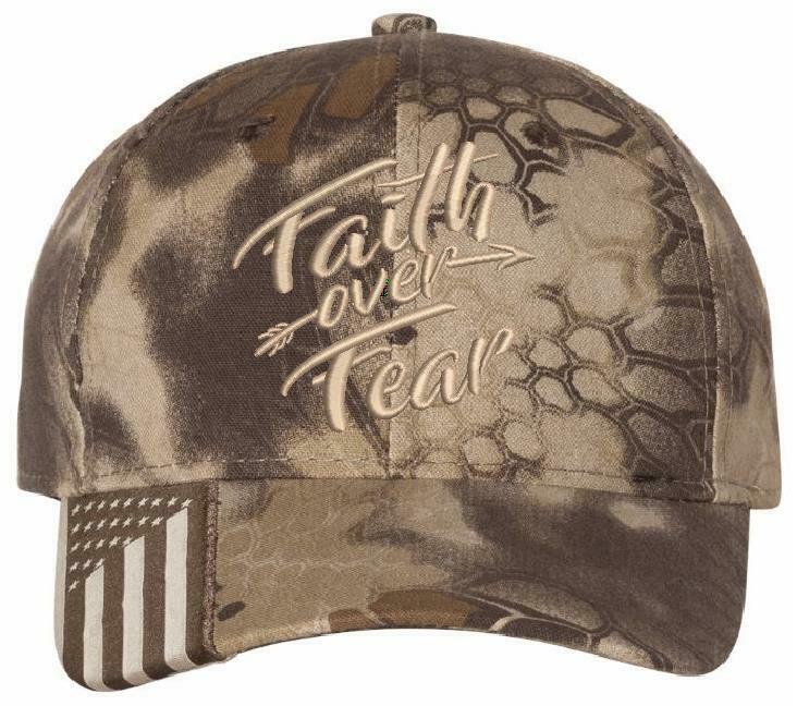 Faith Over Fear Embroidered Kryptek Style Adjustable Hat with USA Flag Brim